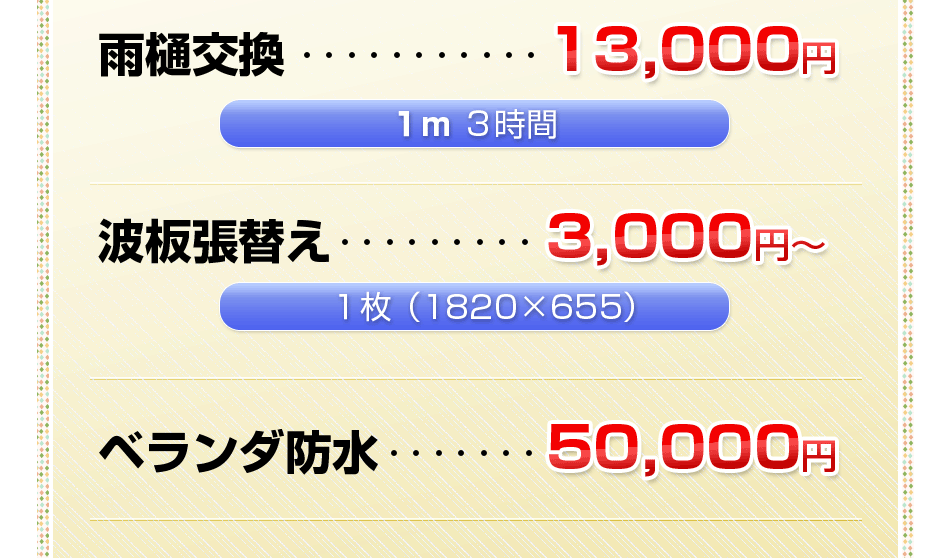 雨樋交換 12,000円 / 1枚3,000円~(廃材処分・作業費込み)2階以上の作業は高所作業代として1万円~1万5千円を頂戴いたします。 / ベランダ防水 50,000円